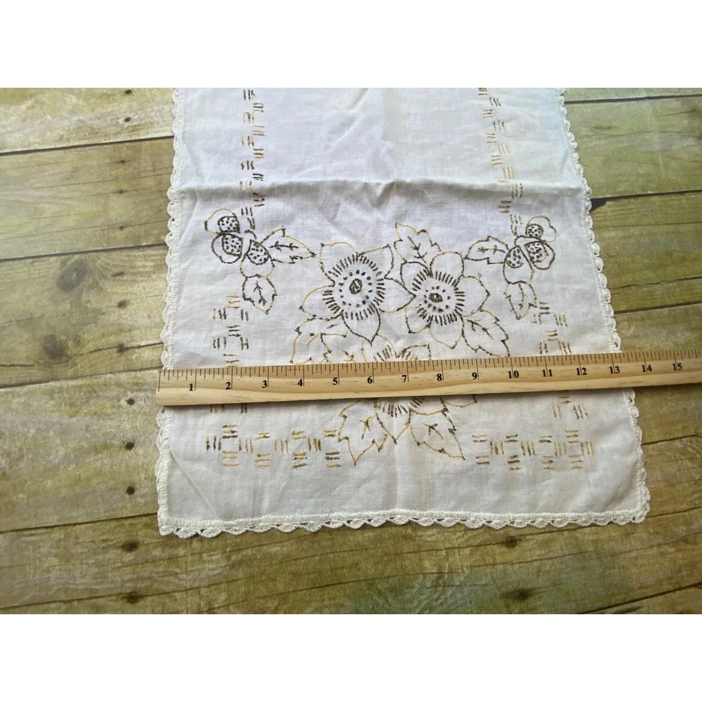 Hand Stitch Table Runner Flower Yellow Brown‎ Floral 40x30